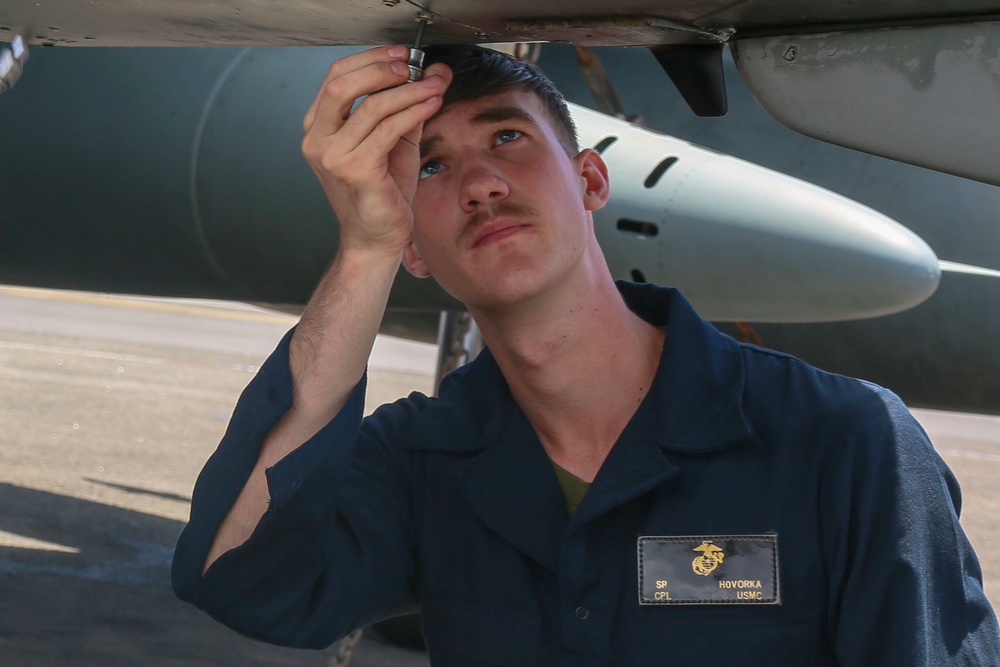 AV-8B Harrier maintenance conducted aboard USS Bataan