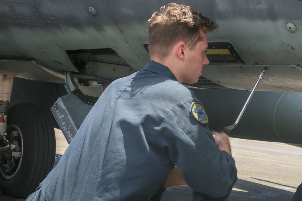 AV-8B Harrier maintenance conducted aboard USS Bataan