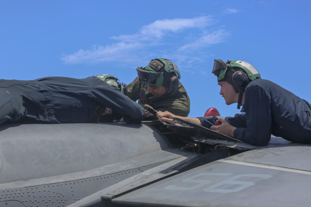 AV-8B Harrier maintenance conducted aboard USS Bataan