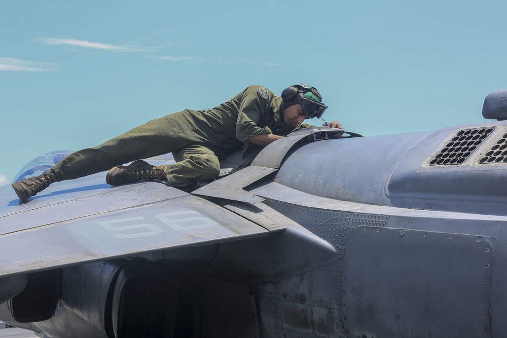 AV-8B Harrier maintenance conducted aboard USS Bataan