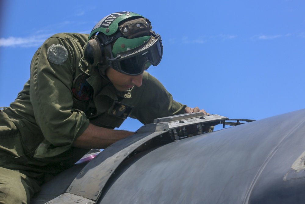 AV-8B Harrier maintenance conducted aboard USS Bataan