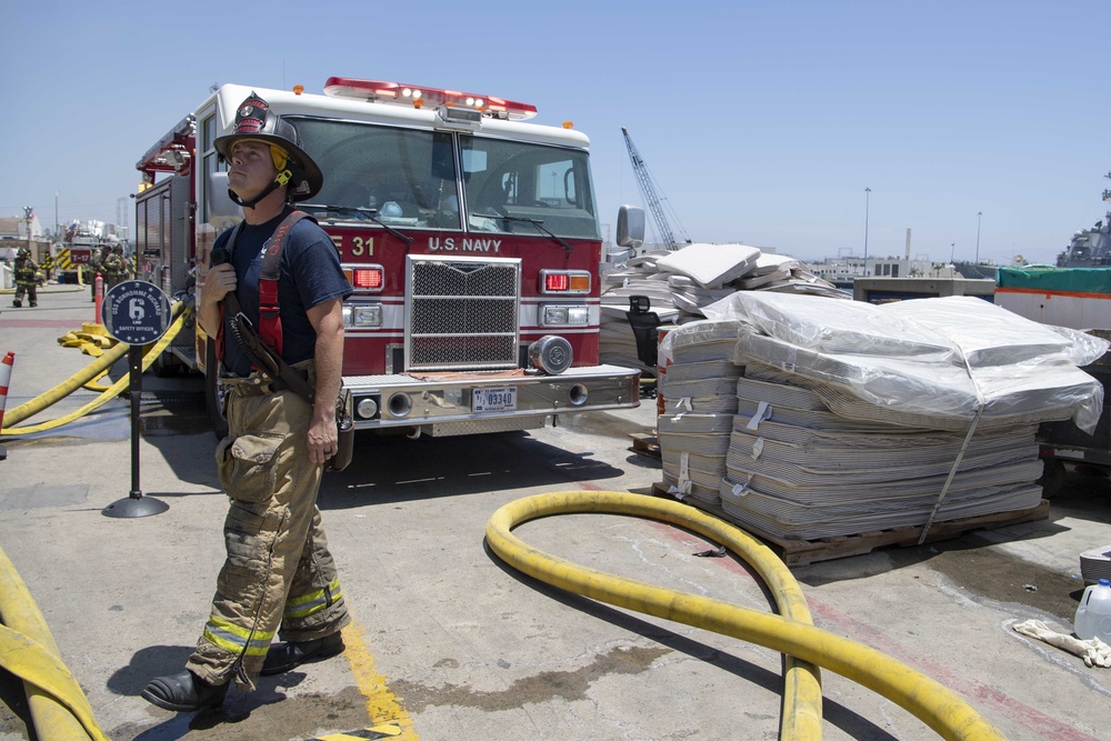 Sailors and Federal San Diego Firefighters fight fire aboard USS Bonhomme Richard