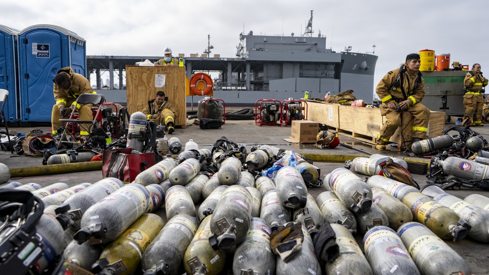 Sailors and Federal San Diego Firefighters fight fire aboard USS Bonhomme Richard