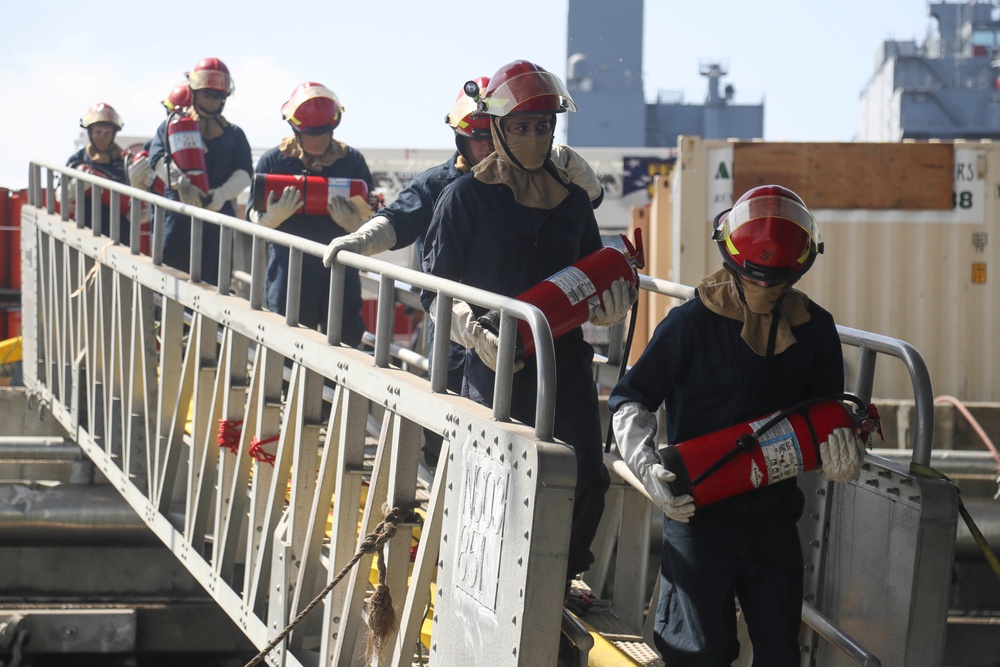 Sailors and federal San Diego firefighters fight fire aboard USS Bonhomme Richard