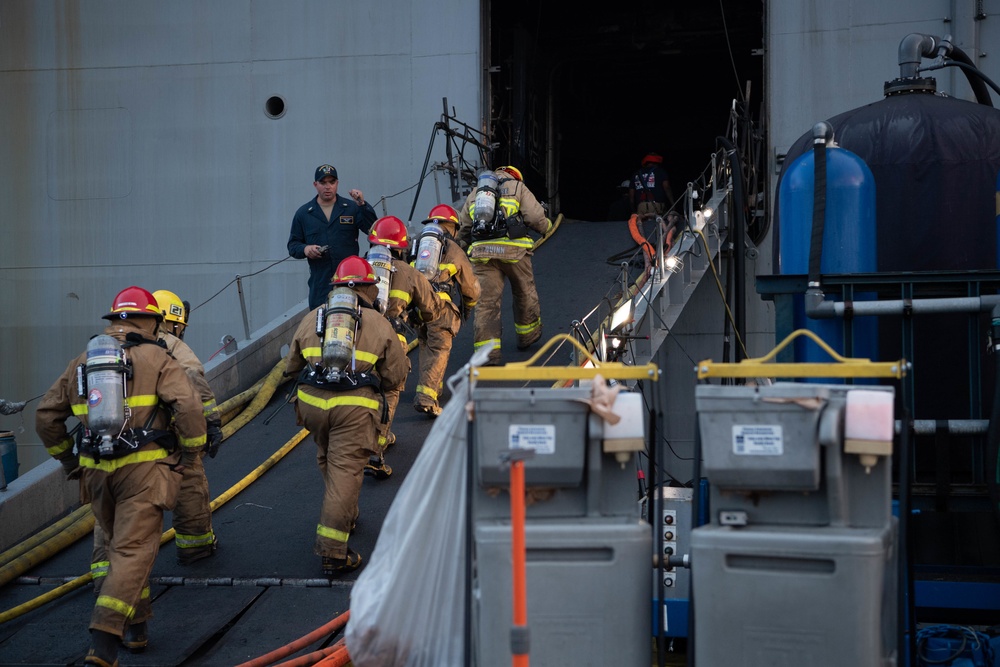 Sailors and Federal San Diego Firefighters fight fire aboard USS Bonhomme Richard