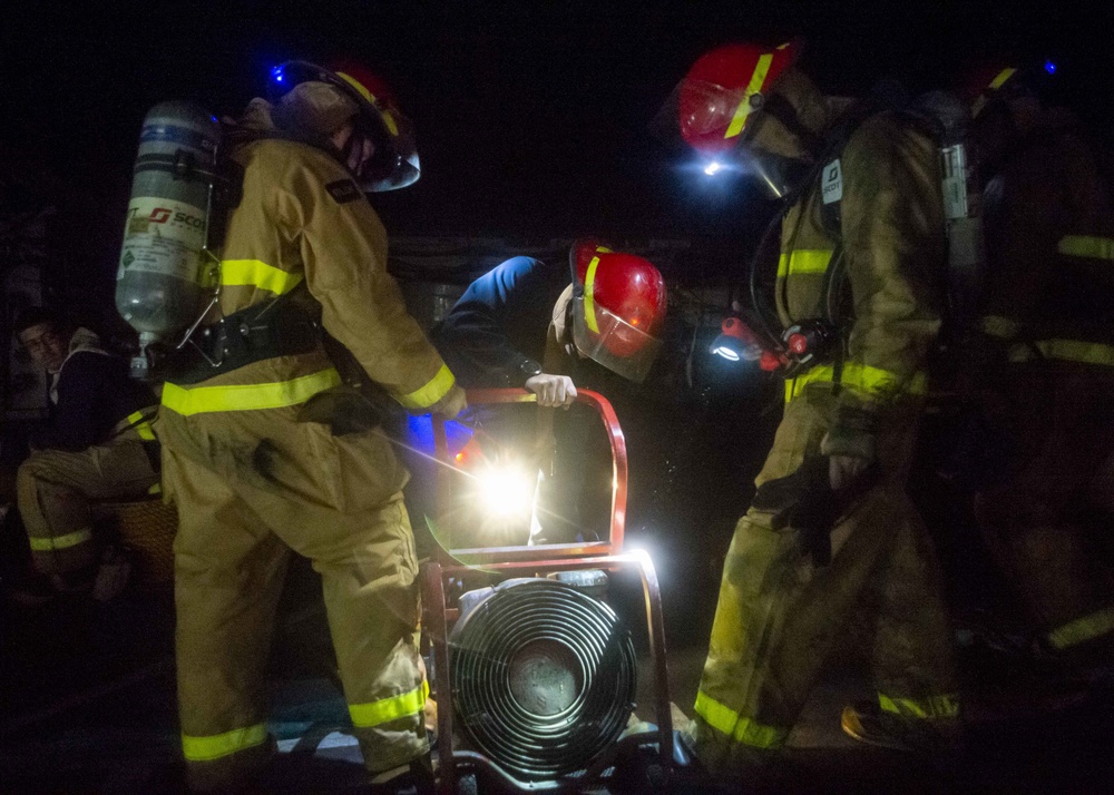 Sailors and Federal San Diego Firefighters fight fire aboard USS Bonhomme Richard