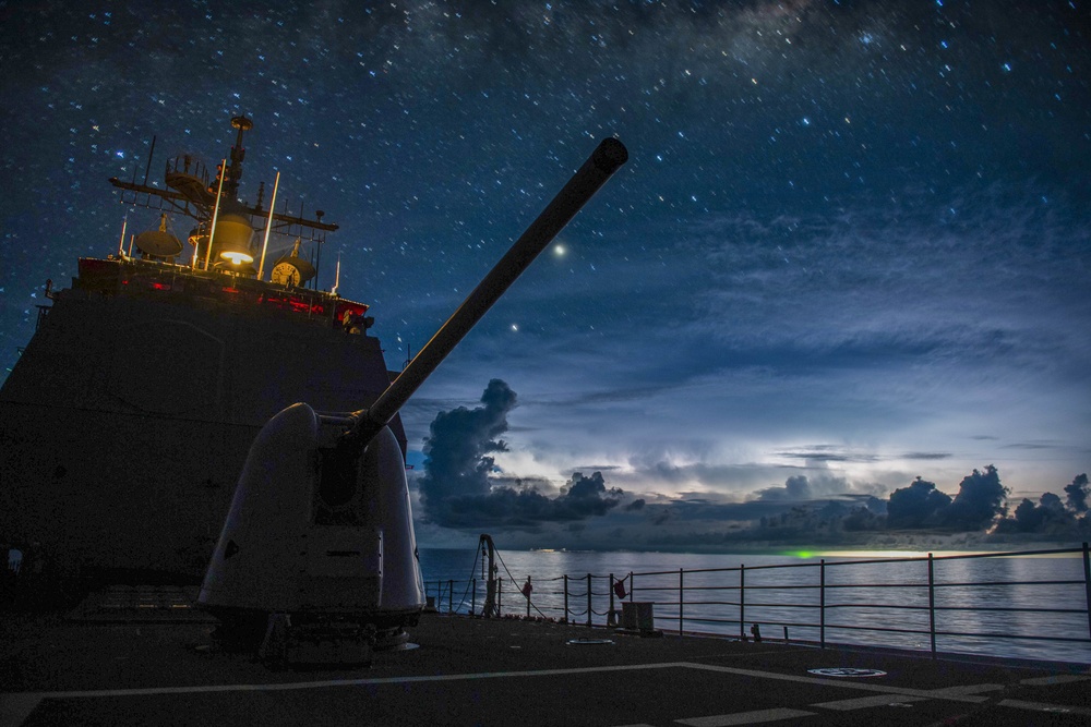 USS Princeton steams through the night