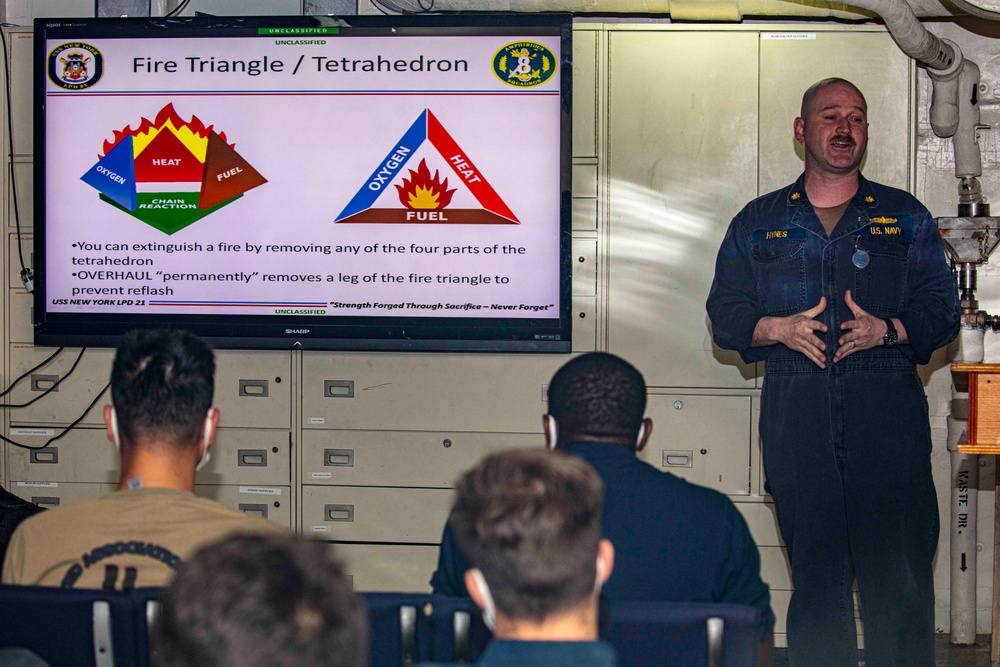 Sailors take part in Damage Control training aboard the New York