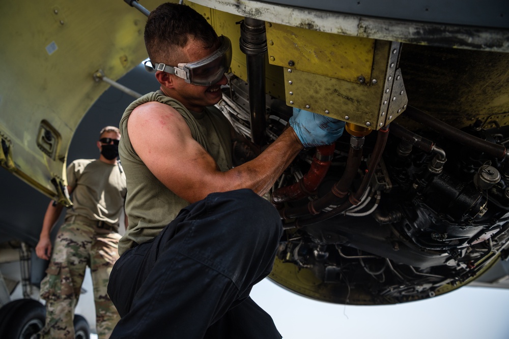 379th EAMXS members perform maintenance on KC-135 Stratotanker