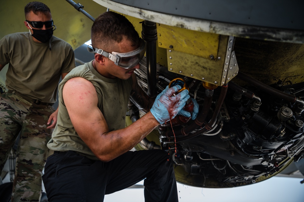 379th EAMXS members perform maintenance on KC-135 Stratotanker