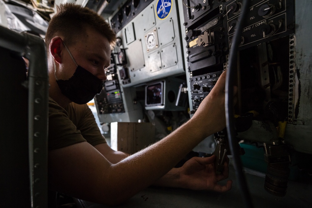 379th EAMXS members perform maintenance on KC-135 Stratotanker