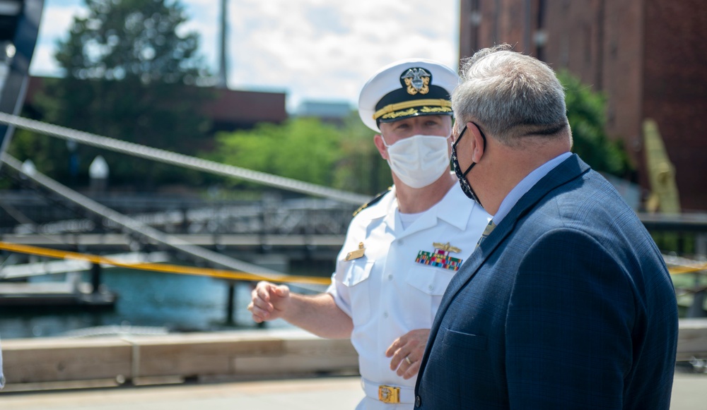 USS Constitution Commanding Officer Cmdr. John Benda gives a tour of the ship to the Secretary of the U.S. Department of the Interior David Bernhardt