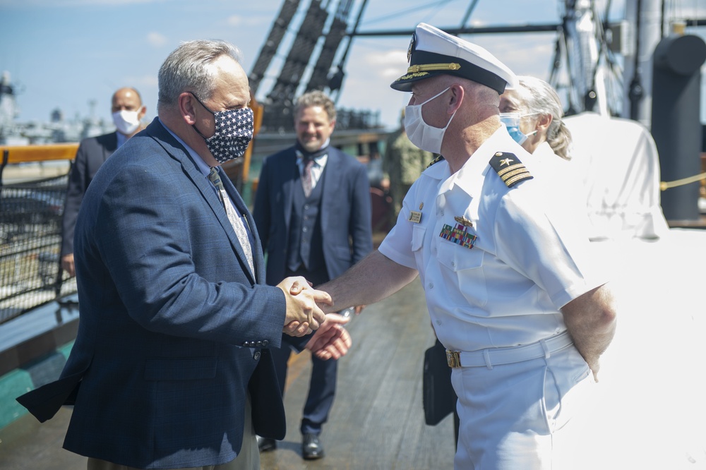 USS Constitution Commanding Officer Cmdr. John Benda gives a tour of the ship to the Secretary of the U.S. Department of the Interior David Bernhardt