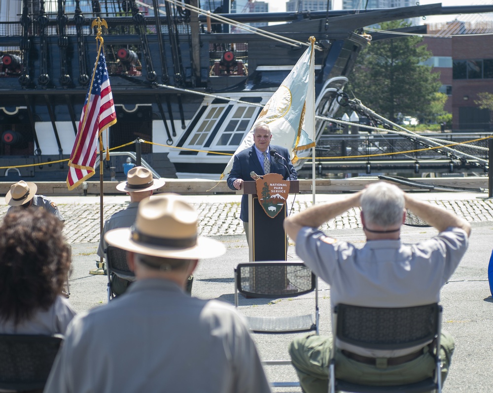 Secretary of the U.S. Department of the Interior David Bernhardt gives a speech in front of USS Constitution