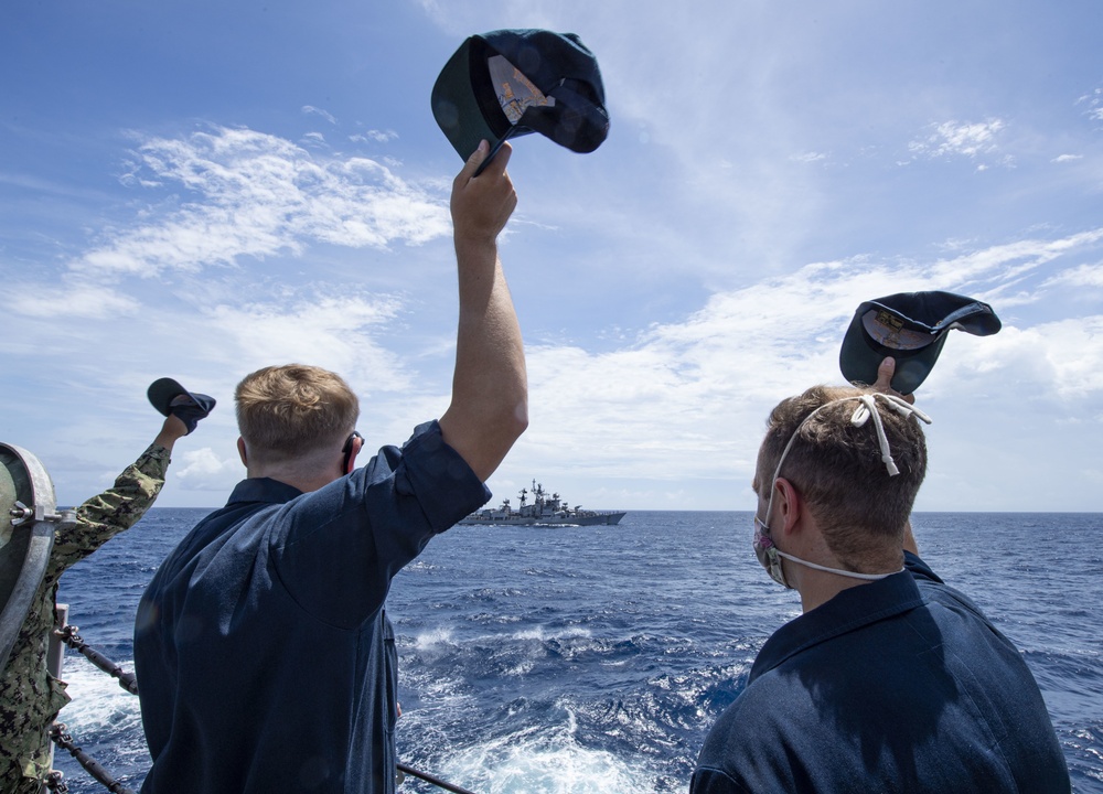 USS Sterett Sailors wave to Indian Navy Ship
