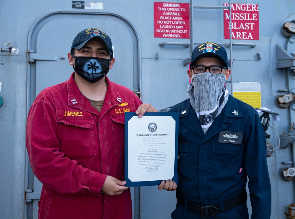 Sterett Sailor Reenlists in Indian Ocean