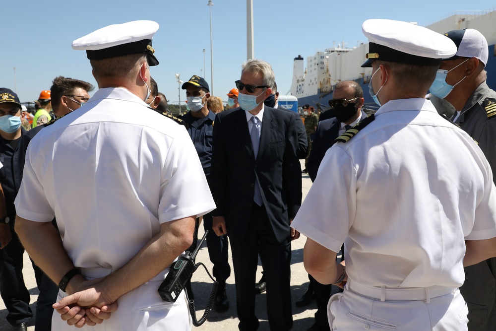 U.S. Ambassador Geoffrey Pyatt and Greek Minister of Defense Niko Panagiotopoulos visit the Port of Alexandroupoli, Greece.