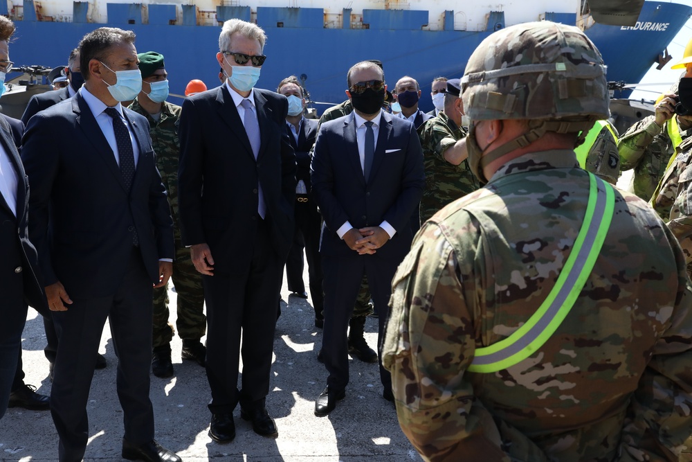 U.S. Ambassador Geoffrey Pyatt and Greek Minister of Defense Niko Panagiotopoulos visit the Port of Alexandroupoli, Greece.
