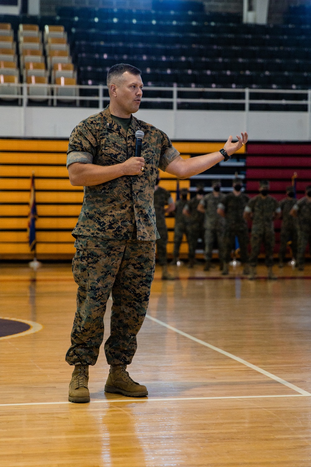 U.S. Marine Corps Col. Gregory L. Jones, the outgoing commanding officer, Headquarters Battalion, 2d Marine Division, gives remarks after a change of command ceremony on Camp Lejeune North Carolina, July 24, 2020. The ceremony represents the transfer of a