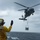 A U.S. Navy sailor aboard USS Sterrett (DDG-104) signals a military helicopter during a vertical replenishment (VERTREP) operation at sea. The helicopter, appearing to be an MH-60 Seahawk, is hovering while suspending a cargo load via sling beneath it. The operation is taking place under overcast, stormy-looking conditions on open ocean.