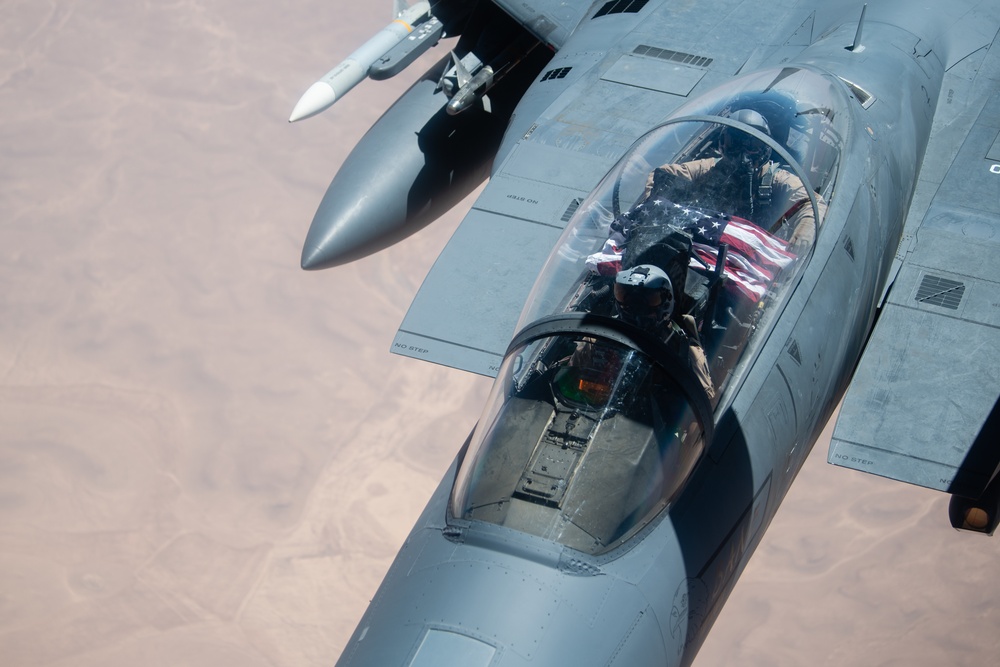 A U.S. Air Force KC-135 Stratotanker refuels F-15E Strike Eagle