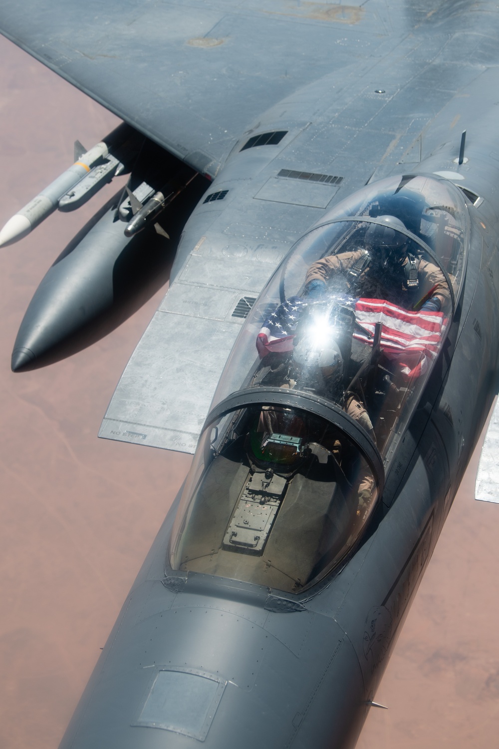 A U.S. Air Force KC-135 Stratotanker refuels F-15E Strike Eagle