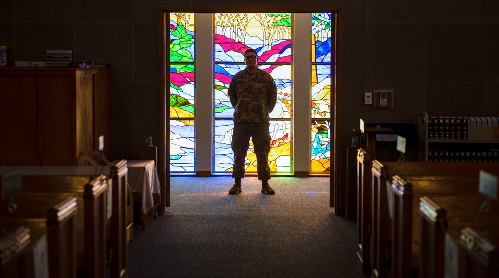 Holloman chapel stained-glass window