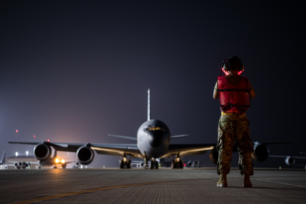 379th EAMXS members prepare KC-135 Stratotanker for mission