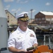 USS Constitution Commanding Officer Cmdr. John Benda gives opening remarks to the 75th anniversary of the kamikaze attacks on USS Cassin Young (DD 793)