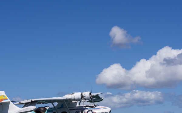 Vintage PBY Catalina flying boat takes off from Pearl Harbor