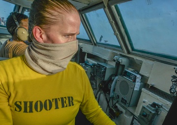 Aircraft Shooter Lt. Amy Blades-Langjahr Test Fires Catapault In Bow Bubble On Flight Deck Aboard Aircraft Carrier USS Nimitz CVN 68
