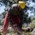 A person wearing military camouflage uniform and safety gear is operating a red chainsaw to cut through fallen trees and debris. The individual is equipped with a yellow hard hat, safety glasses, and red chainsaw chaps for leg protection. The scene suggests post-storm or disaster cleanup operations with significant tree debris visible throughout.