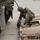 A U.S. Army soldier in OCP (Operational Camouflage Pattern) uniform and combat helmet is crouched down attaching or securing a cable/hook to a military equipment pallet or container marked 'WBICAA'. The soldier is working near a large military vehicle, appearing to connect rigging or towing equipment. The setting appears to be a concrete staging or loading area.