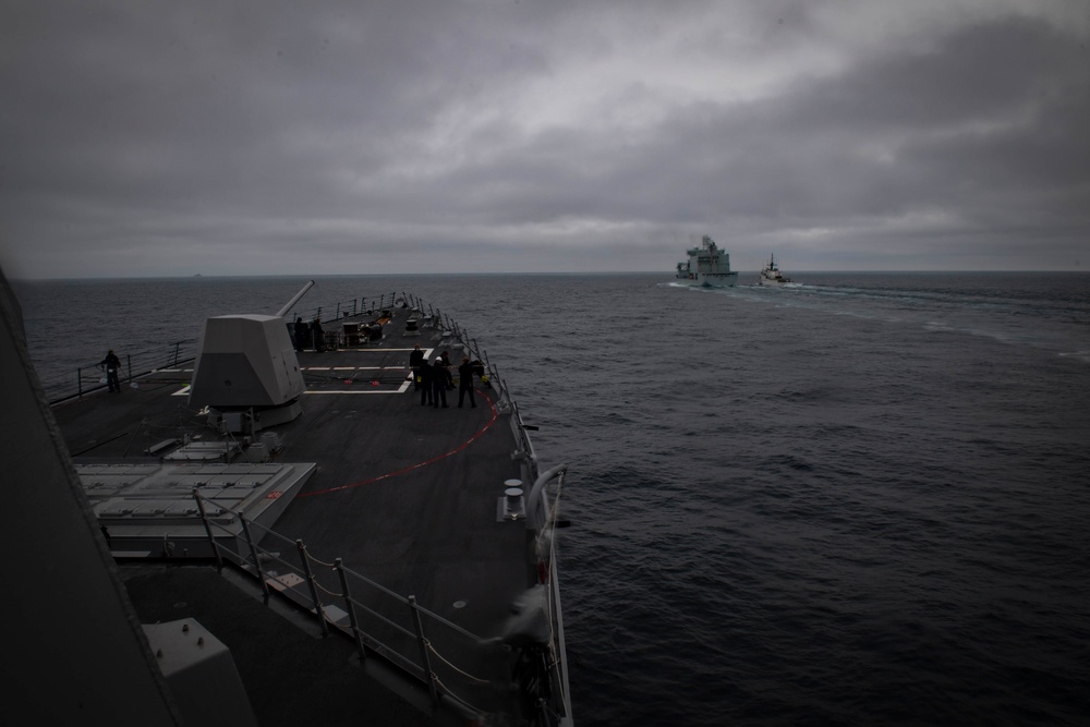 USS Thomas Hudner (DDG 116) Practies Replenishment-At-Sea Approach Drills with Royal Canadian ship MV Asterix