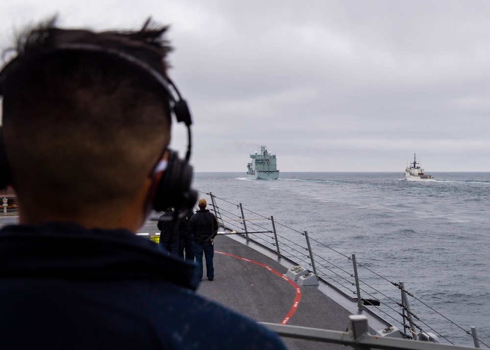 USS Thomas Hudner (DDG 116) Practies Replenishment-At-Sea Approach Drills with Royal Canadian ship MV Asterix