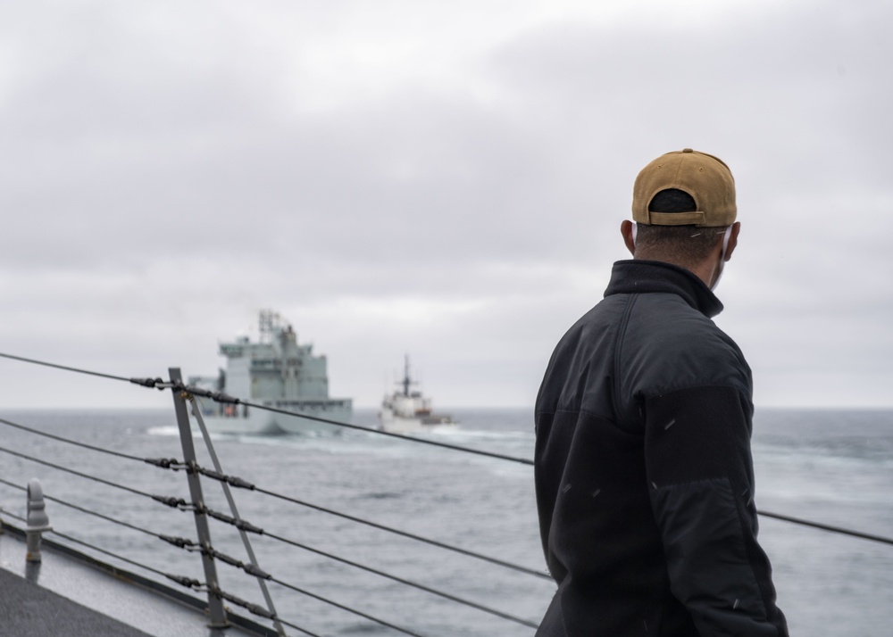 USS Thomas Hudner (DDG 116) Practies Replenishment-At-Sea Approach Drills with Royal Canadian ship MV Asterix