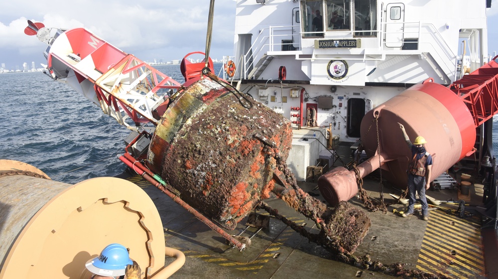 Coast Guard Cutter Joshua Appleby crew conducts maintenance on buoys near Port Everglades