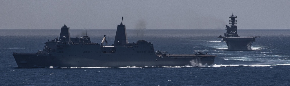 USS Makin Island and USS Somerset partcipate in a straits transit drill.
