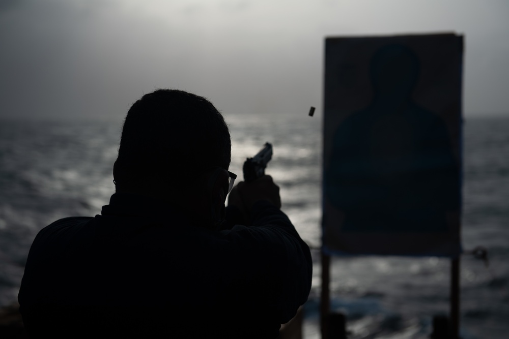 USS Princeton Sailors conduct service pistol qualification