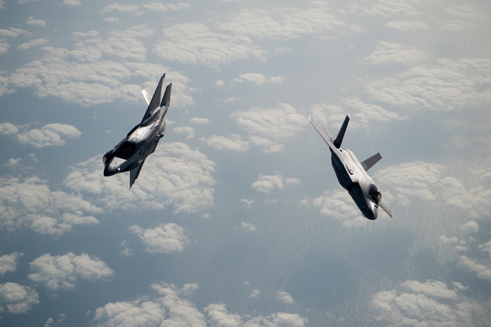 A U.S. Air Force KC-135 Stratotanker refuels F-35A Lighting II