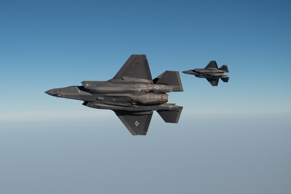 A U.S. Air Force KC-135 Stratotanker refuels F-35A Lighting II