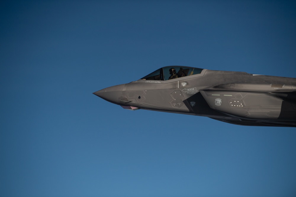 A U.S. Air Force KC-135 Stratotanker refuels F-35A Lighting II