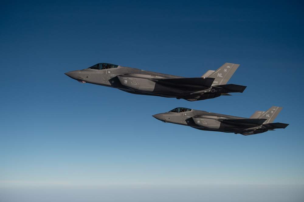 A U.S. Air Force KC-135 Stratotanker refuels F-35A Lighting II