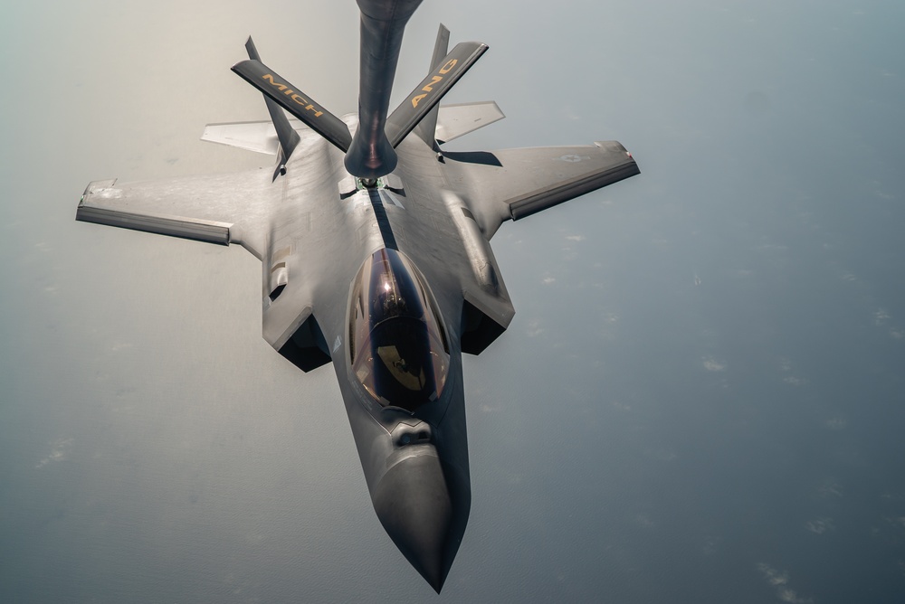 A U.S. Air Force KC-135 Stratotanker refuels F-35A Lighting II