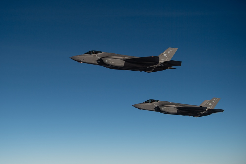 A U.S. Air Force KC-135 Stratotanker refuels F-35A Lighting II