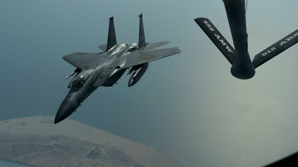 F-15C Eagle refuels over the U.S. Central Command area of responsibility