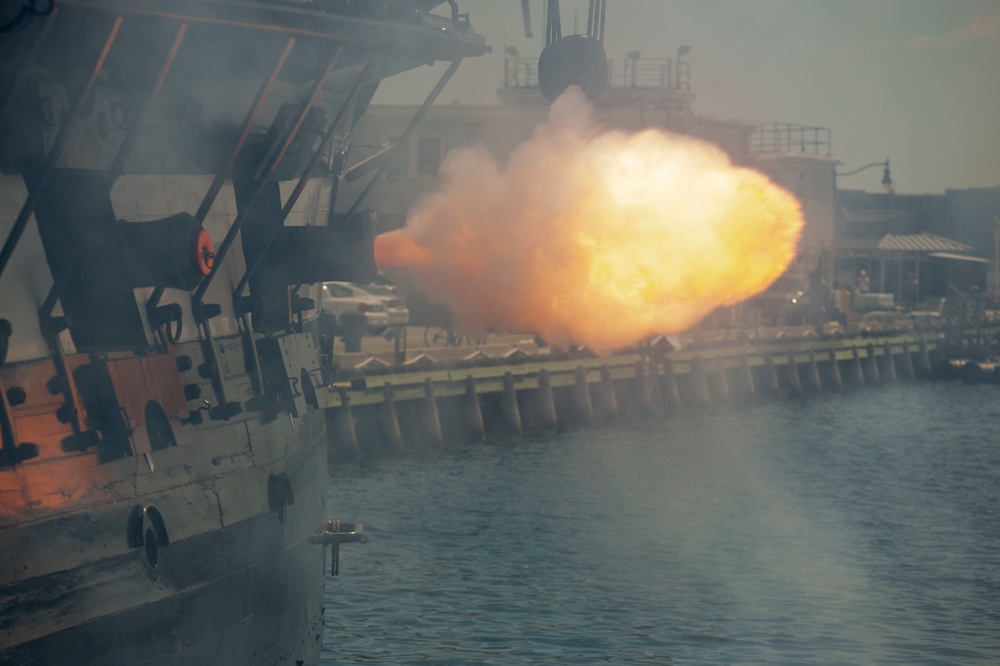 USS Constitution performs a 21-gun salute in honor of the ship’s victorious battle