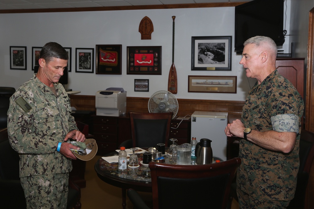 Lt. Gen. Brian Beaudreault welcomes Vice Adm. Andrew Lewis, Commander of 2nd Fleet