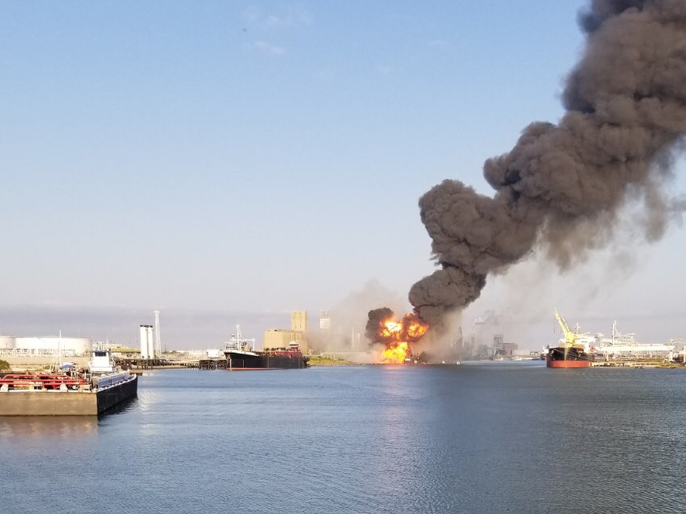 Coast Guard crews respond to dredge fire in the Port of Corpus Christi Ship Channel,