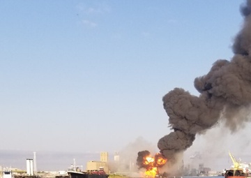 Coast Guard crews respond to dredge fire in the Port of Corpus Christi Ship Channel,